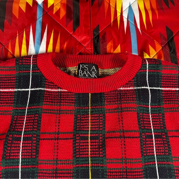 Vintage Grandpa Sweater Mens M Jos A Bank Plaid Red Pure New Wool Crewneck 90s - Picture 3 of 5